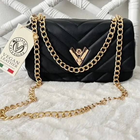 Valentino Orlandi Quilted Vegan Leather Shoulder Bag Gold Chain Black NWT $279 - Picture 16 of 16